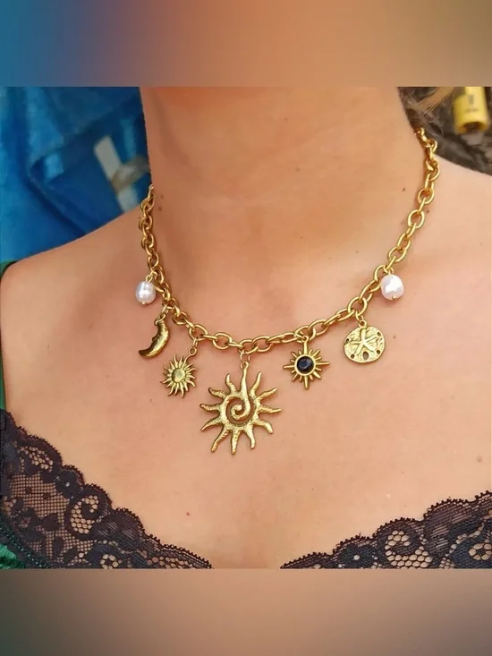 Gold Sun Charm Necklace with Pearl Accents - Women Jewelry NWOT