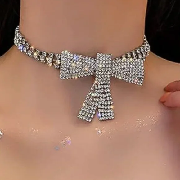 Anthro Gold Bow Rhinestone Necklace Choker