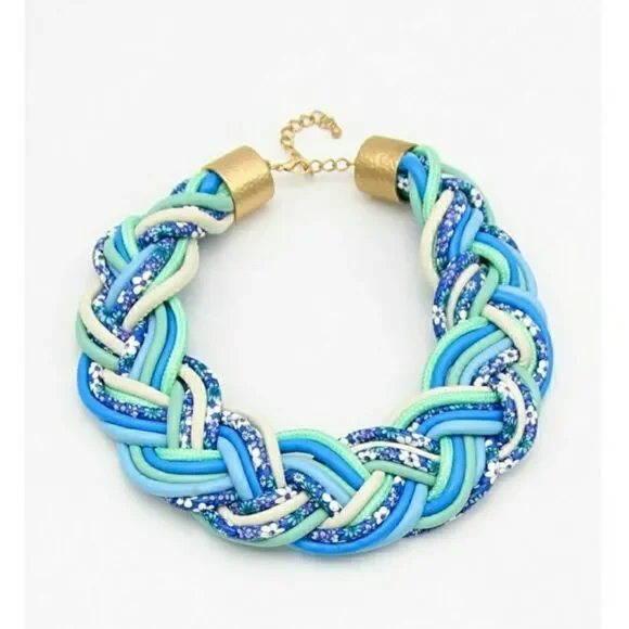 Blue Leather Floral Print Statement Necklace