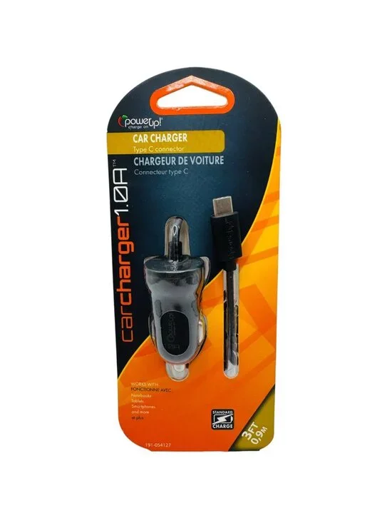 PowerUp! 1.0A Car Charger With Type C Connector & 3ft Coiled Cable LED Indicator