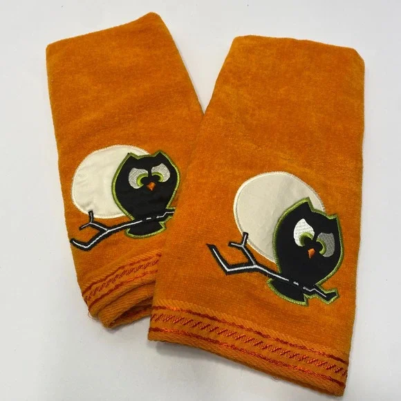 Two Hand Towels Orange Excellent Embroidered Owl Moon Halloween