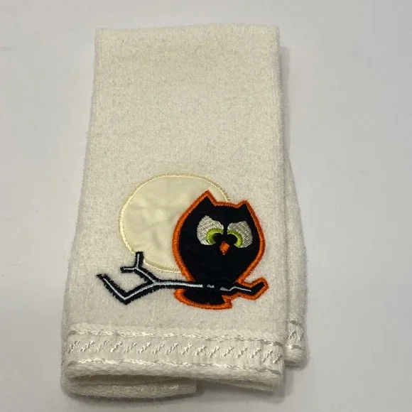 Halloween Hand Towel White Excellent Owl Moon Embroidered