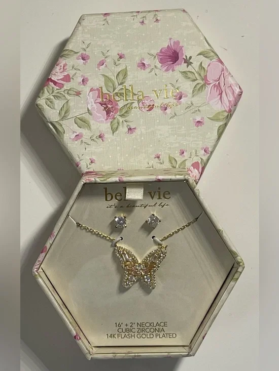 Gold Butterfly Necklace with Pink and Clear Accents