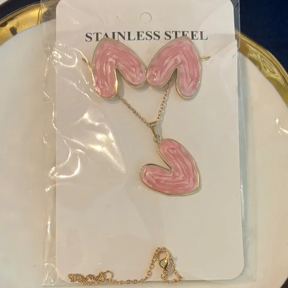 #123 Pink Heart Stainless Steel Necklace and Earrings Set