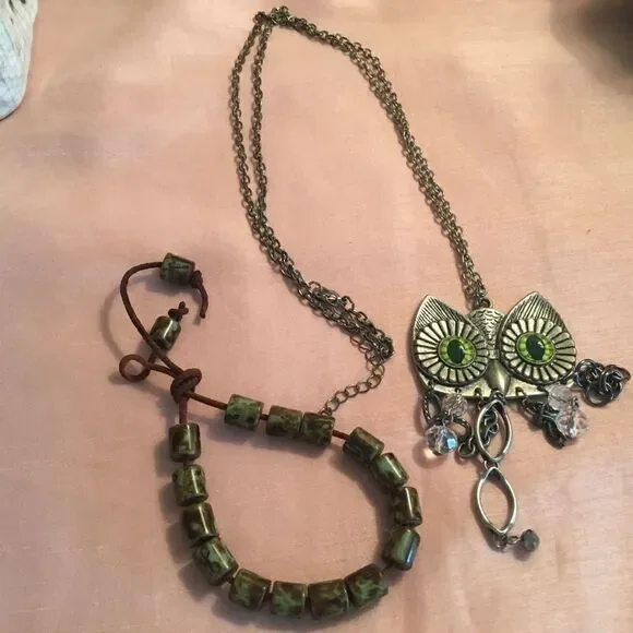Pewter tone Owl Pendant and Bracelet