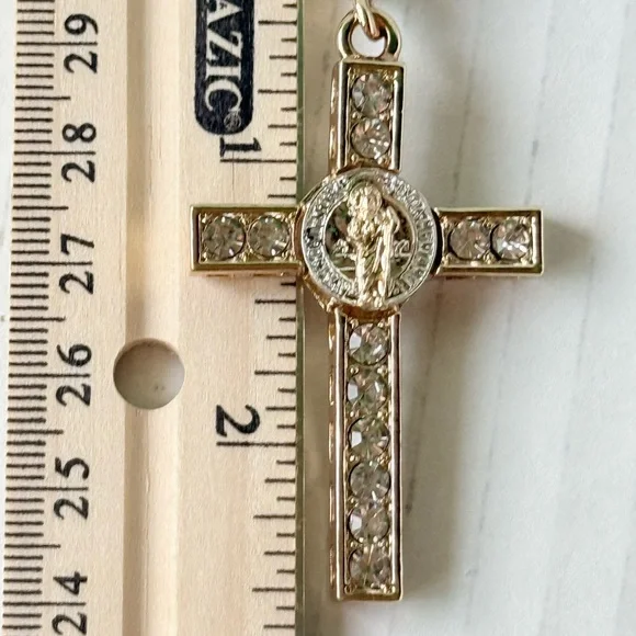 New Italian laminated gold chin 24” ‎ with San Benito crucifix /Crystals for men