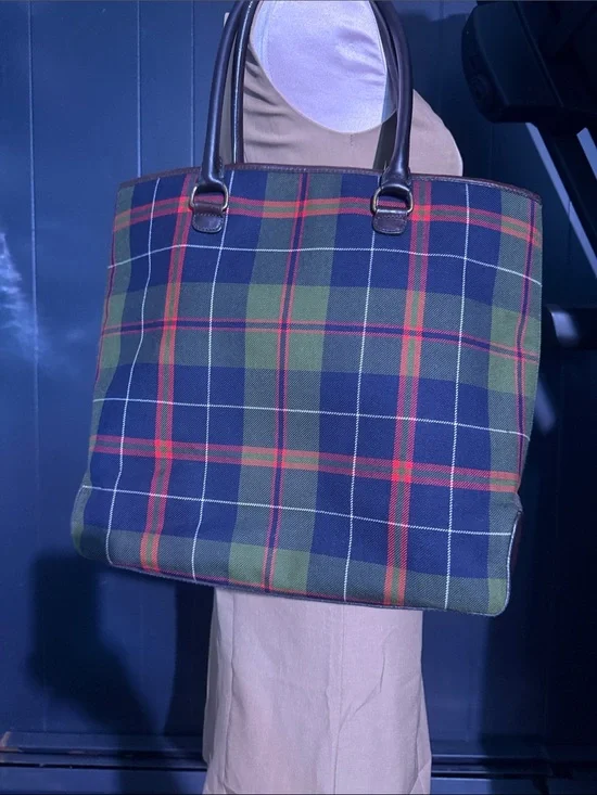 J. Crew Green/Navy/Red Plaid Canvas Tote with Leather Handles