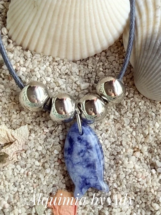 Carved fish sodalite gemstone charm  necklace gray blue cord