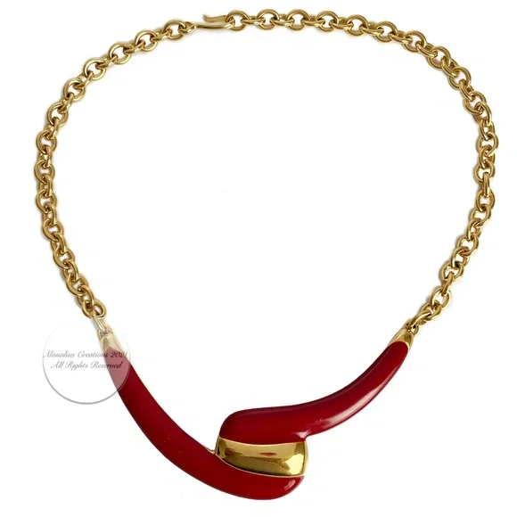 Monet Necklace Gold Metal & Red Enamel Abstract Vintage 80s
