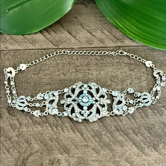 14” Elegant Silver Tone and Blue Crystal Chocker Victorian Style
