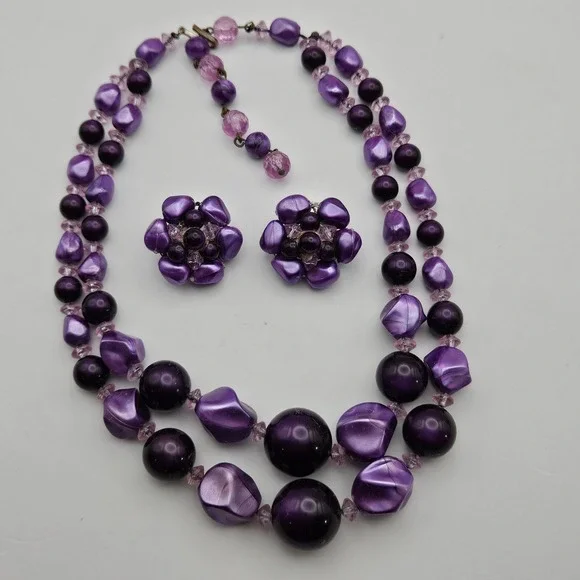 Vintage Purple Bead Double Strand Necklace and Clip On Earring Set Mid Century