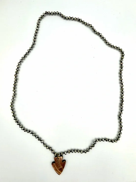 Silver Beaded Necklace with Brown Arrowhead Pendant