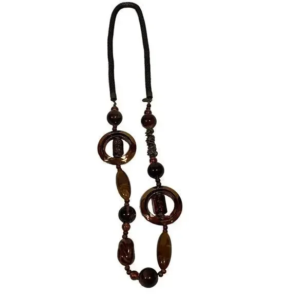 Long Necklace w/Mesh Chain, Brown Wooden Beads,‎ and Tortoise Color Circles
