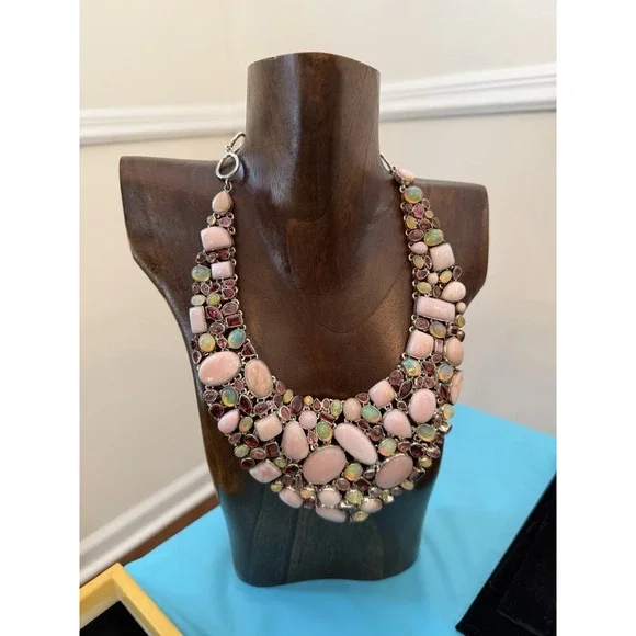 Ethiopian Opal, Pink Opal , Tourmaline,  MultiGemstone Necklace Sterling Silver