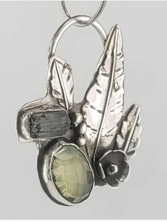 PERIDOT & TOURMALINE GENUINE STONES SECRET  GARDEN PENDANT HANDMADE IN STERLING
