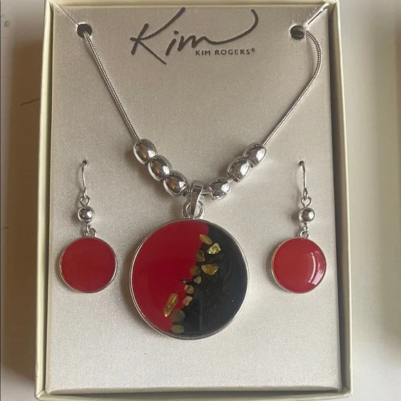 NWT - Kim Rogers Silver Necklace Set with Red and Black Pendant