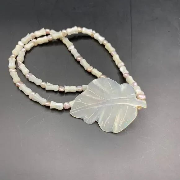 Vintage Artisan Mother of Pearl Leaf Necklace Beaded Toggle Clasp Retro