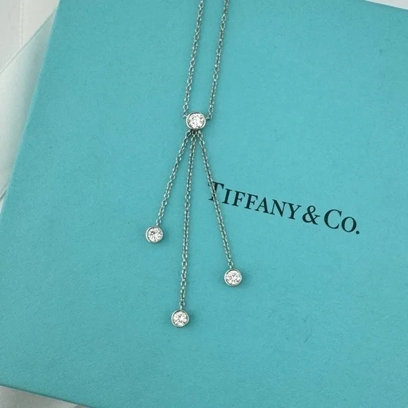 Tiffany & Co. Platinum Triple Diamond Drop Lavalier Necklace 16