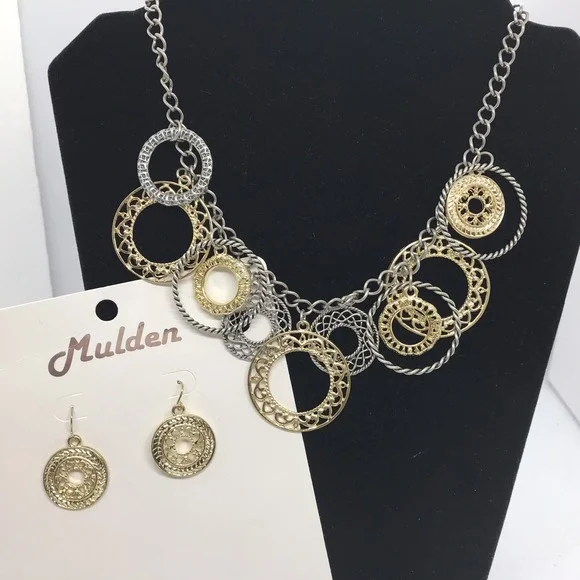 Mulden Necklace‎ Earring Set TwoTone Boho Textured Medallion Nickel Free  NEW
