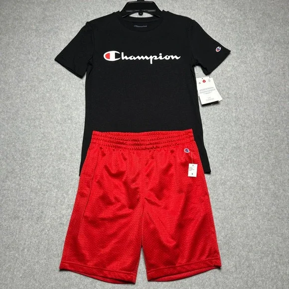 Champion Boys 2-Piece Set Black Graphic T-Shirt Red Mesh Shorts Sz Small (8)