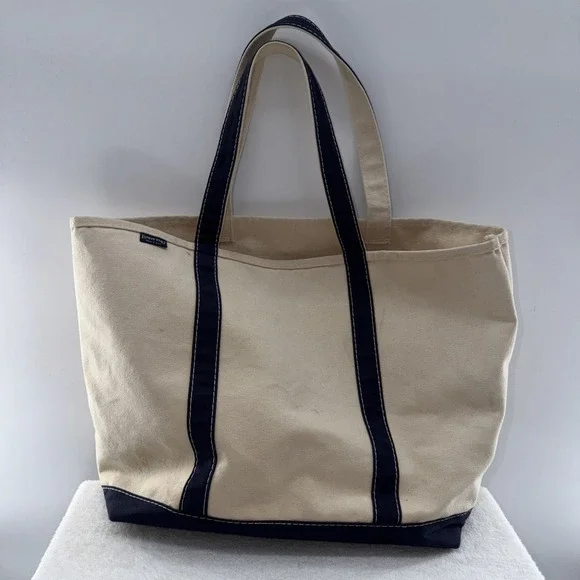 Lands End White Navy Canvas Boat Tote Bag Beach  XLarge  23x16 Made USA Vtg 90s