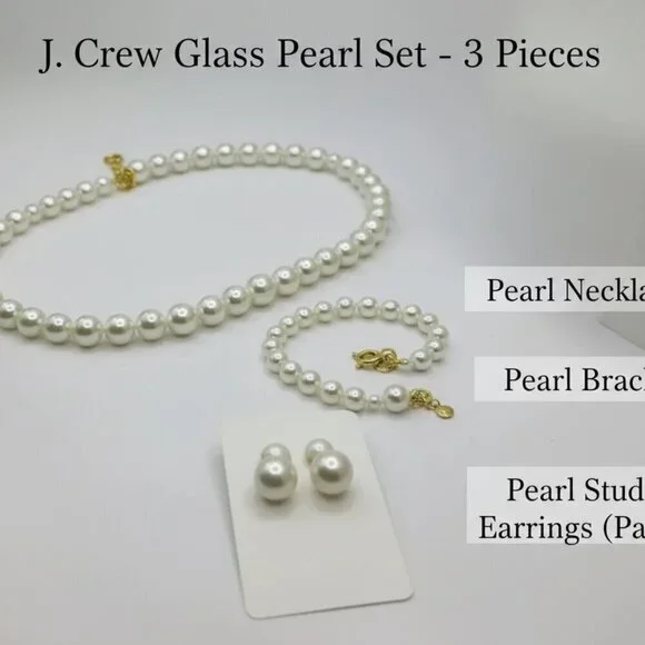 J. Crew Glass Pearl Bundle with Necklace Earrings Bracelet Goldtone Jewelry Set