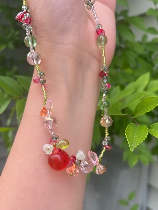NEW! Handmade Multicolor Glass Bead Necklace with Red Cherry Accent. 🍒