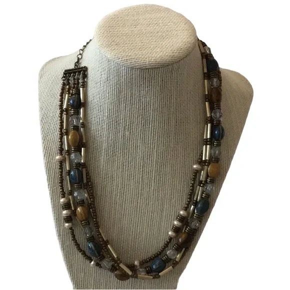 Premier Design 5 strand necklace in blues, mustard colors with‎ burnished…