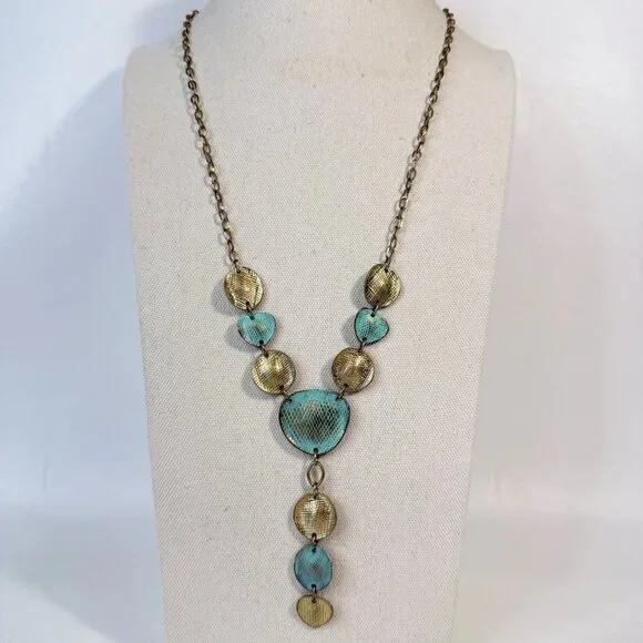 Y-Drop‎ Metal Necklace Gold-Tone Chain Turquoise Blue Adjustable