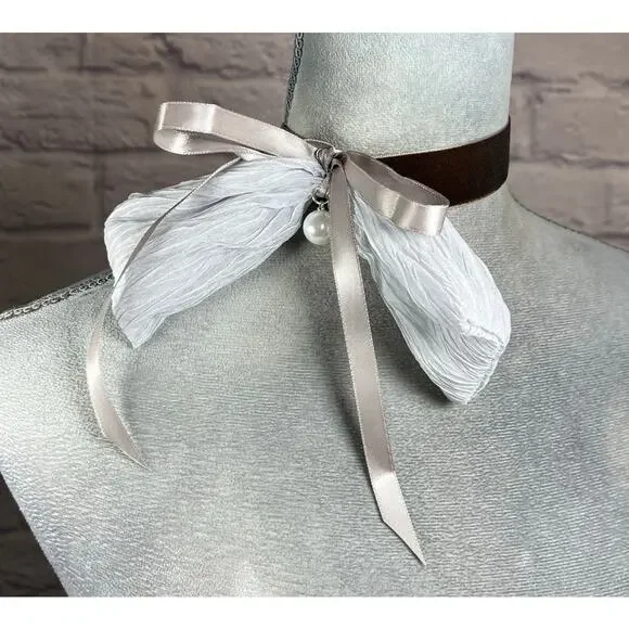 Handmade Mink Brown Velvet Choker with Offset Avant Garde Pale Blue Bow & Pearl