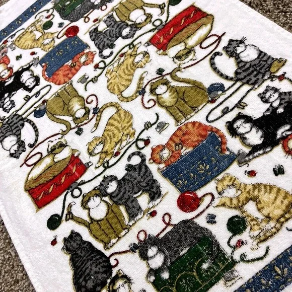 VTG CANNON Hand Kitchen Towel‎ Fringe 70s NOS Cat Yarn Butterfly Ladybug Mouse