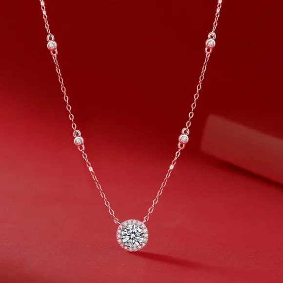 Certified 1ct. t.w. Moissanite Diamond Round Halo Chain Necklace NEW
