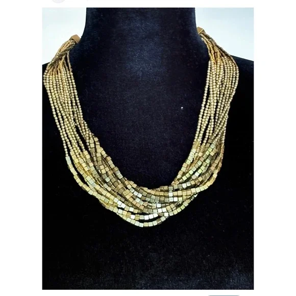 Chico's Gold Multi Strand Statement Necklace Square Cube Beaded Layered Bib