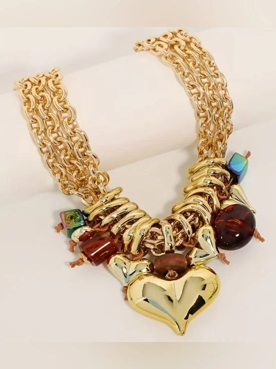 Gold Heart Charm Necklace with Green Stone Accents - Women Jewelry