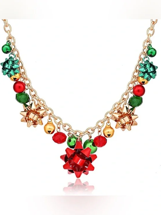 Festive Red & Green Gift Bow Charm Necklace - Women Jewelry