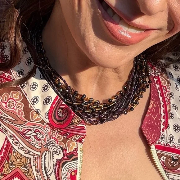 Handmade by Artist- Beaded Multi-Strand Necklace- Iridescent Purple and Bronze