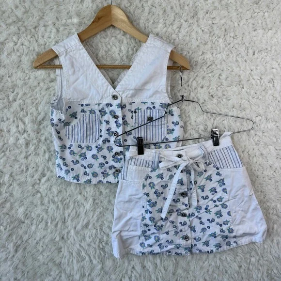 Cherokee Girls 2 Piece Set Vest 10/12 +‎ Skirt 7/8 White Blue Western Floral