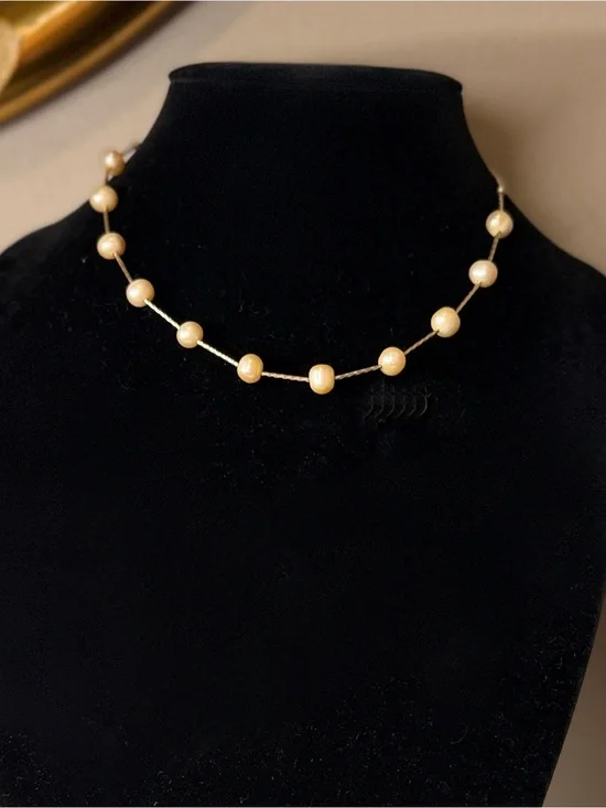 Gold Filled Light Apricot Freshwater Pearl Necklace Handcrafted