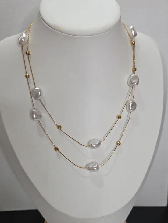 Gold Tone Stainless Steel Necklace Faux Pearl Beaded Detail Double Strand NEW