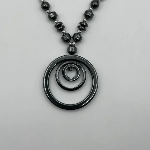 Beaded Tri Circle Pendant Necklace in Metallic Black Gray 17.5