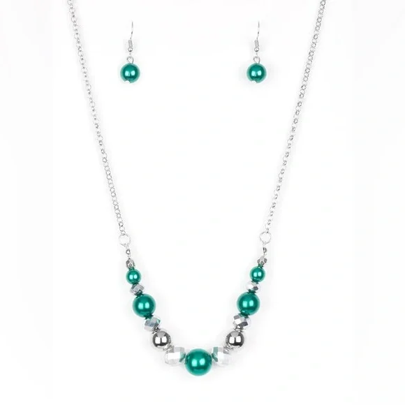 Green and Silver Necklace and Earrings Set