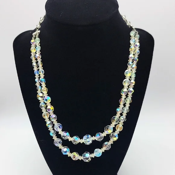 VTG Elegant 2 Strand Silver Crystal AB Aurora Borealis Necklace 15-18