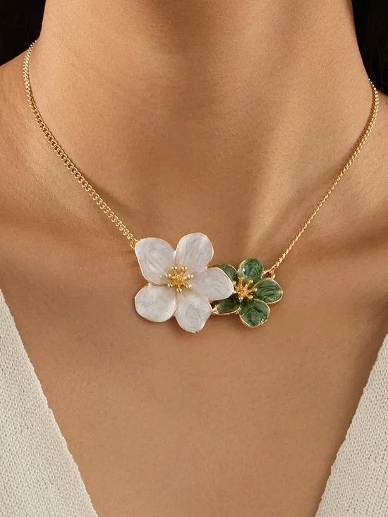 Gold Chain Necklace with White and Green Flower Pendant