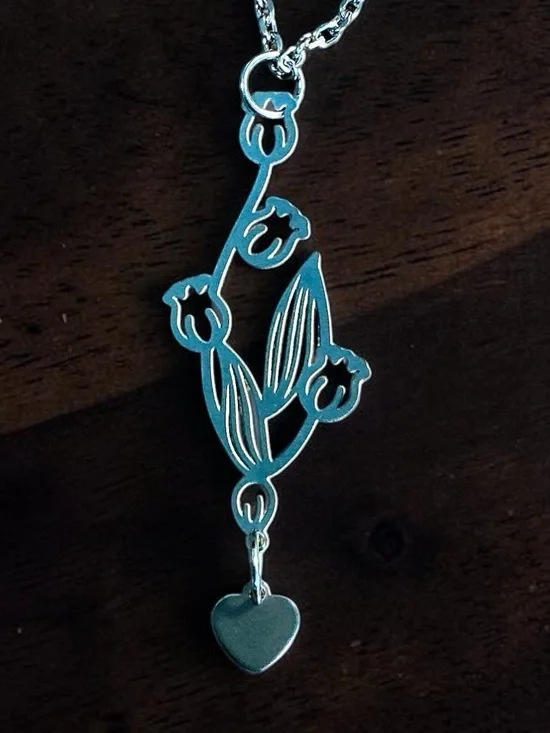 🆕 May Birth Flower LILY OF THE VALLEY Laser Etched Pendant Necklace