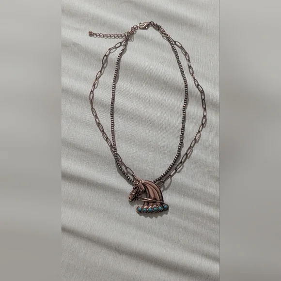 Bronze and Turquoise Horse Pendant Necklace