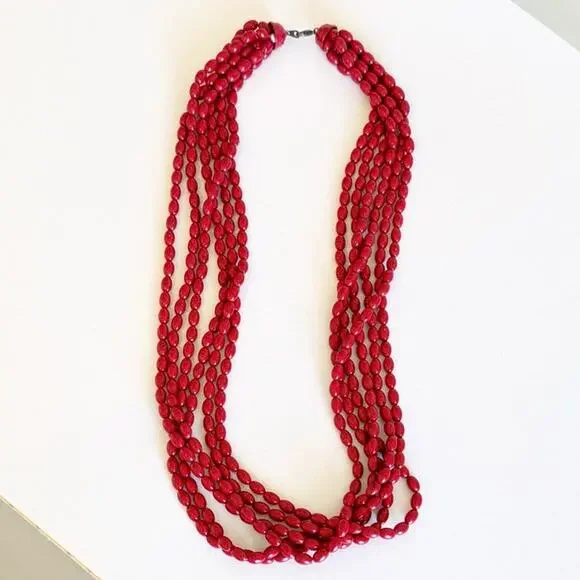 Vintage Red Black Speckled Multi Strand Long Fused Acrylic Beaded Necklace artsy