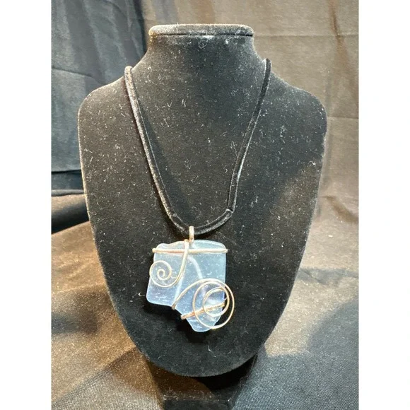 Handcrafted Blue Sea Glass Wire Wrapped‎ Pendant Necklace