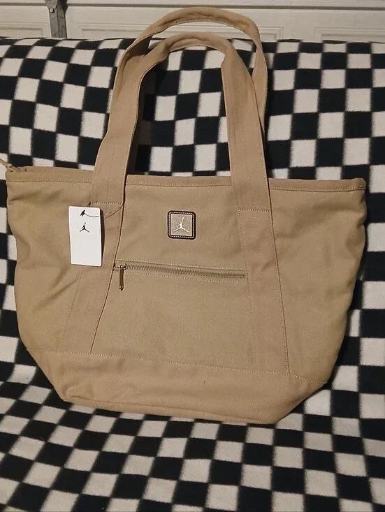 Jordan Tan Canvas Tote with Front Zip and Logo Patch