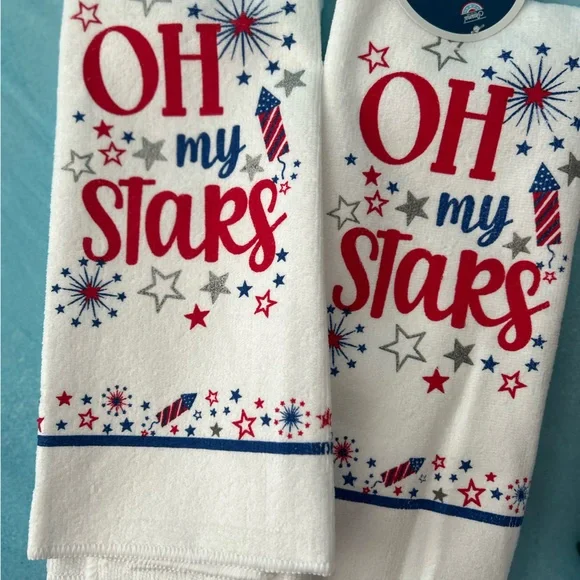White Cotton Hand Towels with Red, Blue & Silver Stars  Set of 2