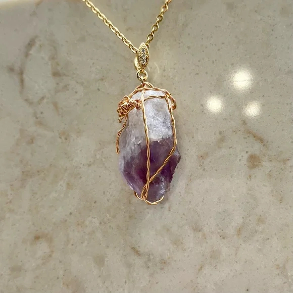 Natural Brazilian Amethyst Crystal  Gold Wire Wrapped necklace P35